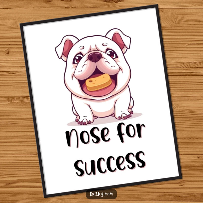 Funny Kawaii Bulldog poster with a mischievous gleam, attempting to balance a treat on its nose, showing cleverness and humorous focus.