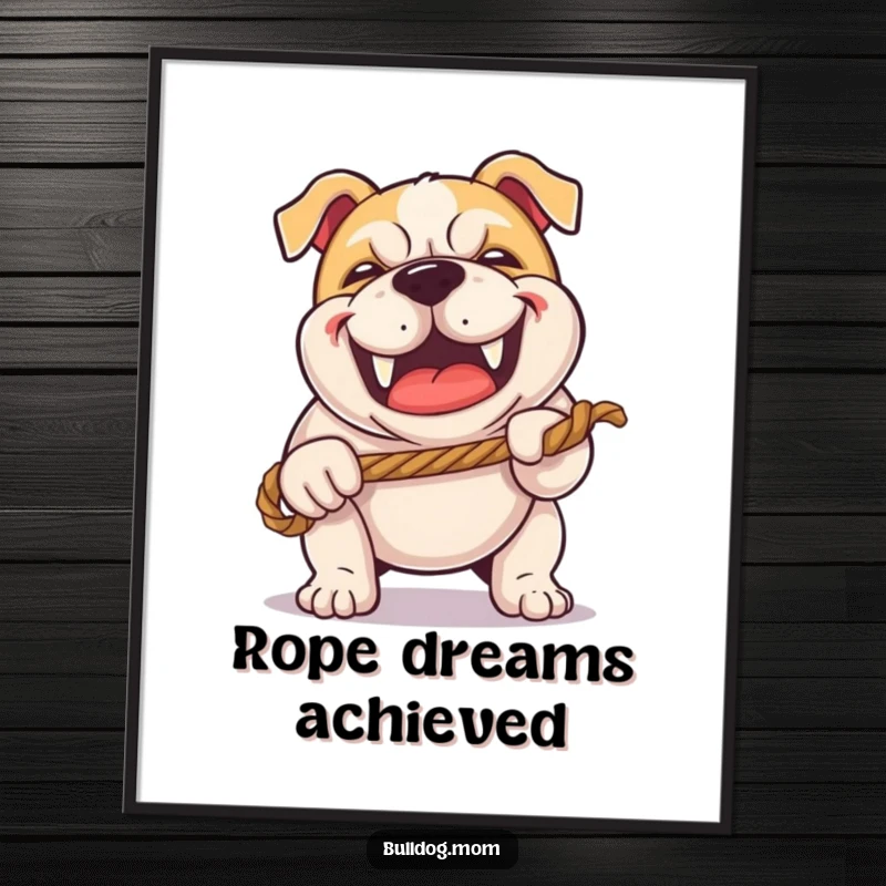 Funny Kawaii Bulldog poster with a happy grunt, playing tug-of-war with a rope, depicting energetic and humorous play.