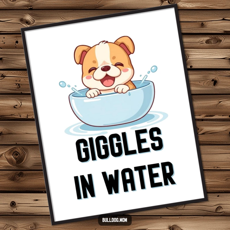 Funny bulldog cub poster print of a happy puppy giggling loudly while splashing water in a bowl, capturing a moment of pure, wet delight.