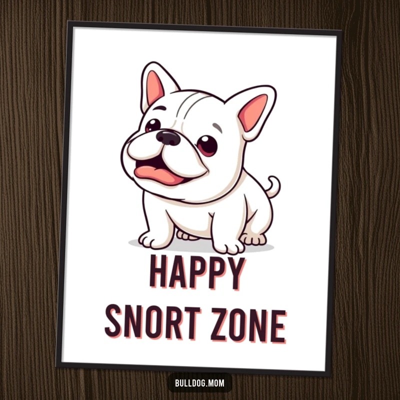 Funny Kawaii Bulldog Poster: A happy bulldog mid-snort, its stubby tail wagging furiously, capturing infectious excitement and joy.