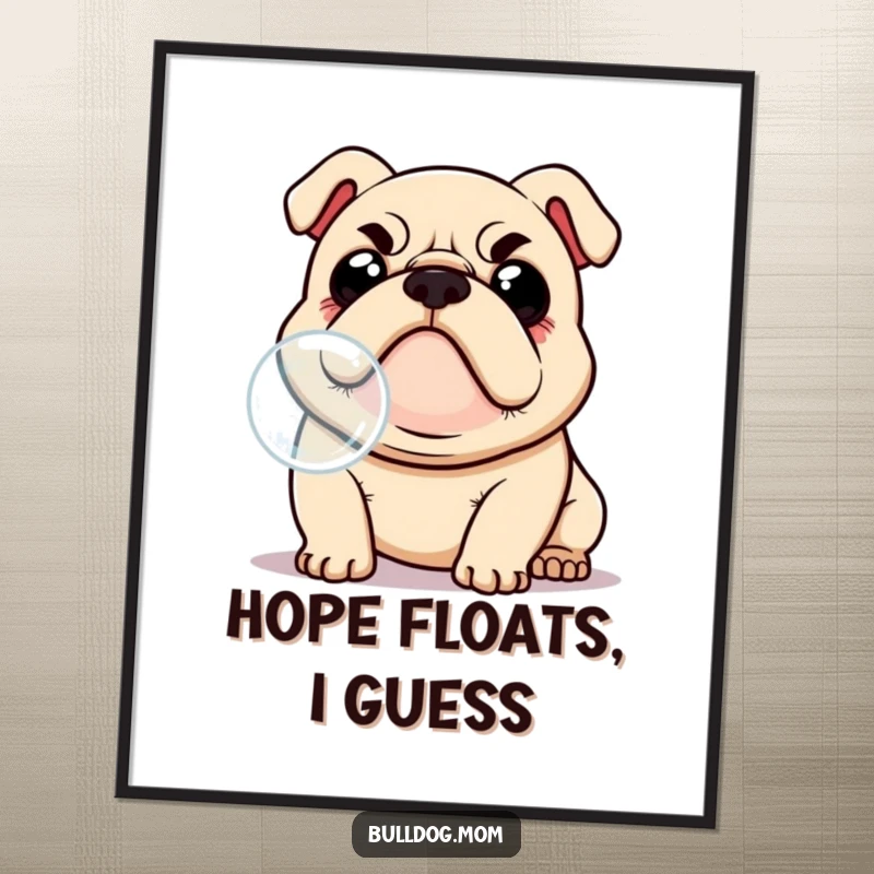 Funny Kawaii Bulldog poster depicting a determined yet adorable dog focused on catching a delicate bubble, rendered in a cute, humorous style.