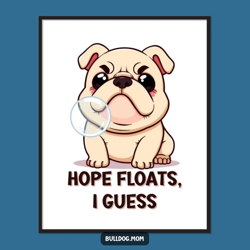 Funny Kawaii Bulldog Poster, Whimsical Bubble Catch Art for Wall Decor