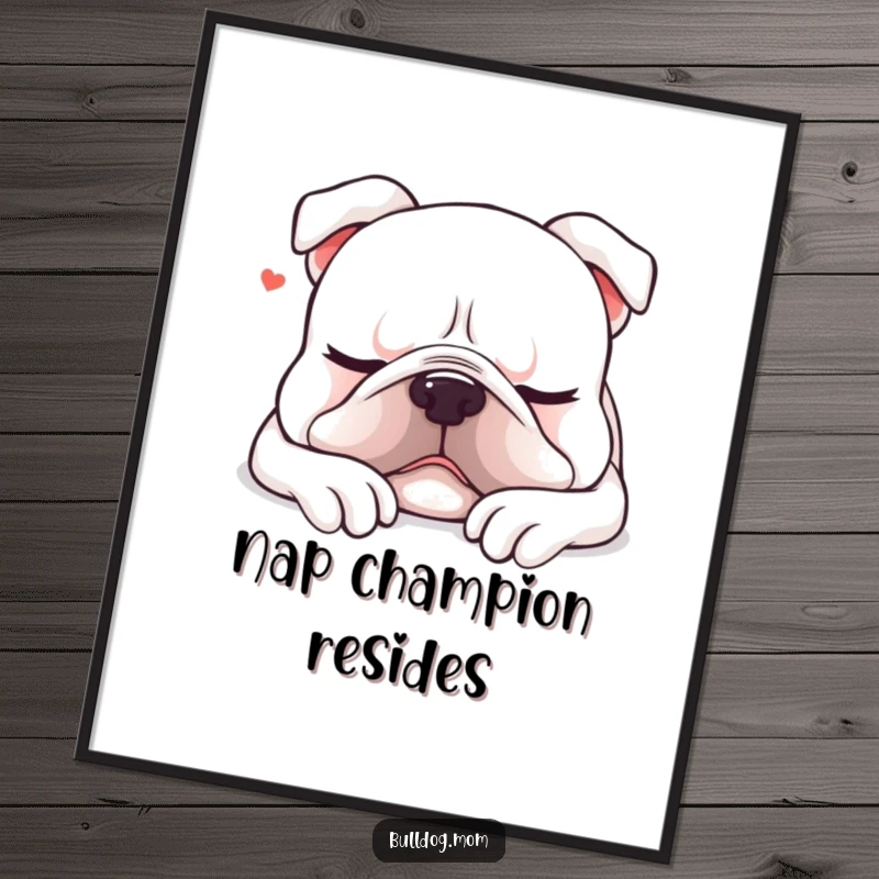 Funny Kawaii bulldog poster illustrating a content dog sighing peacefully as it settles down for a nap, ideal for relaxation zones.