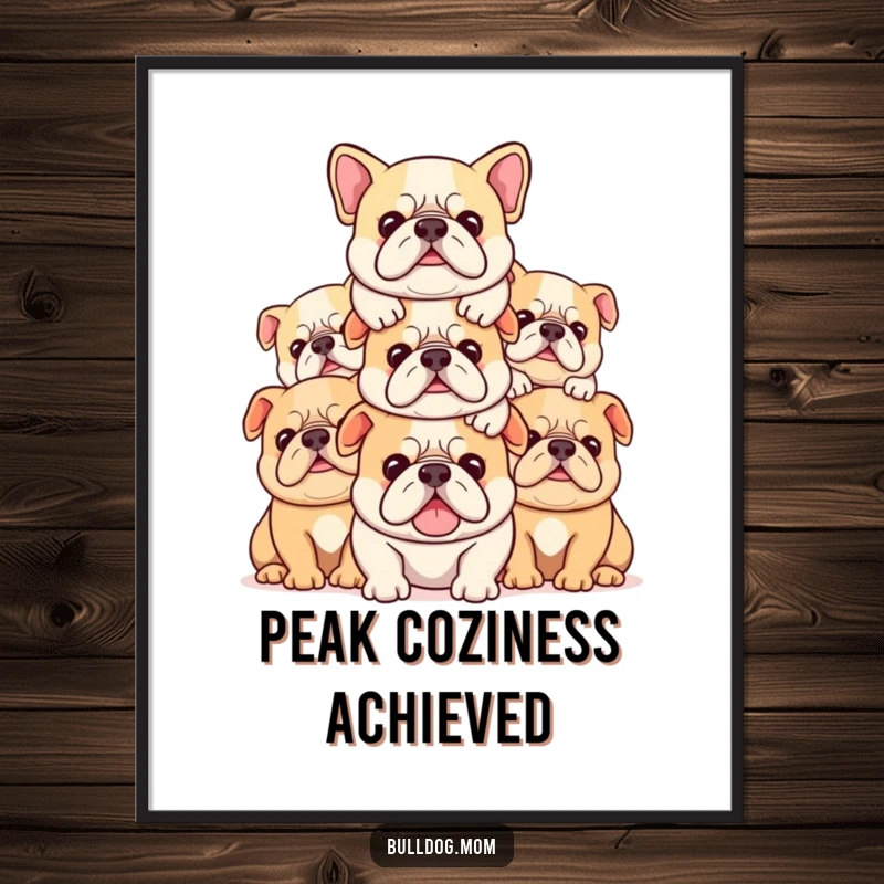 Funny Kawaii bulldog poster depicting a stack of cute pups piled contentedly on top of each other, perfect decor.