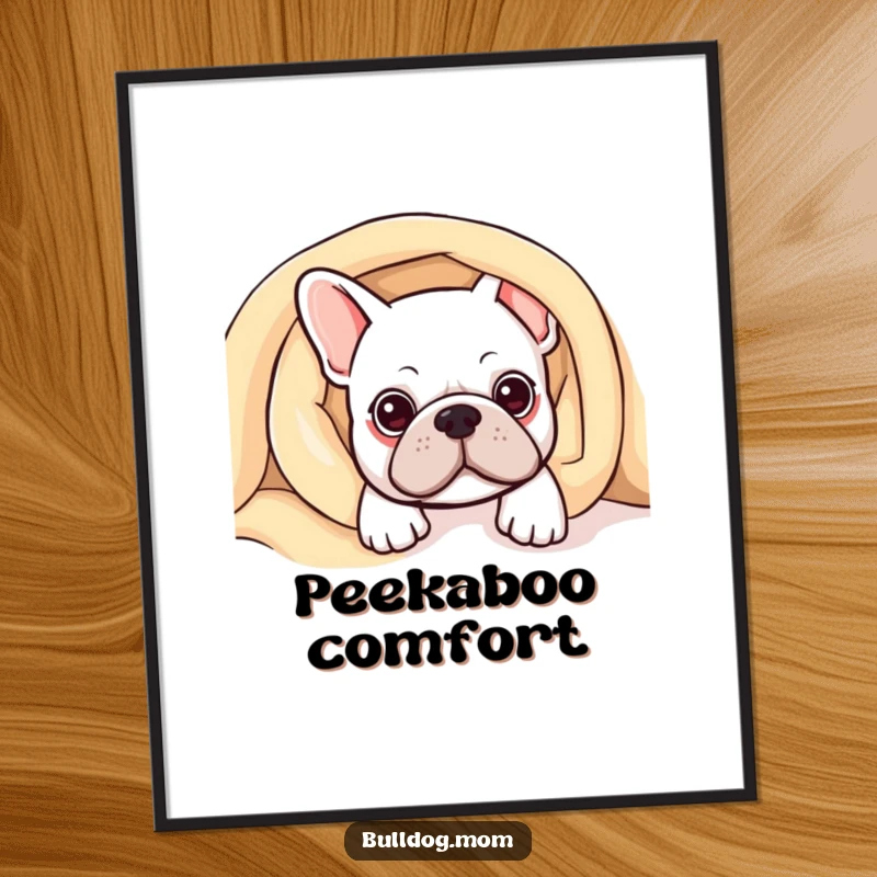 Funny Kawaii Bulldog Poster capturing a cute bulldog peeking out from under a soft blanket, inviting comfort.