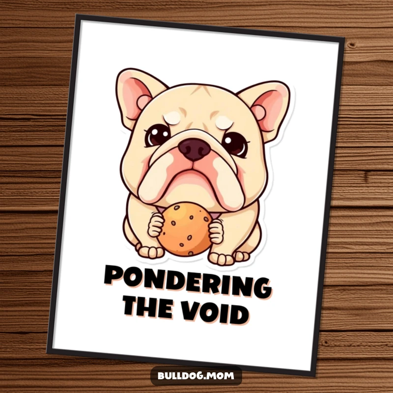 Funny Kawaii Bulldog Poster: High-quality print of a cute, bewildered dog contemplating a treat, excellent funny wall art.