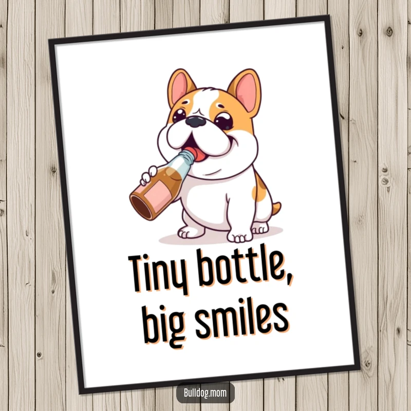 Funny Bulldog chug poster print of a happy Bulldog character happily chugging from a tiny bottle, embodying pure, unadulterated joy.