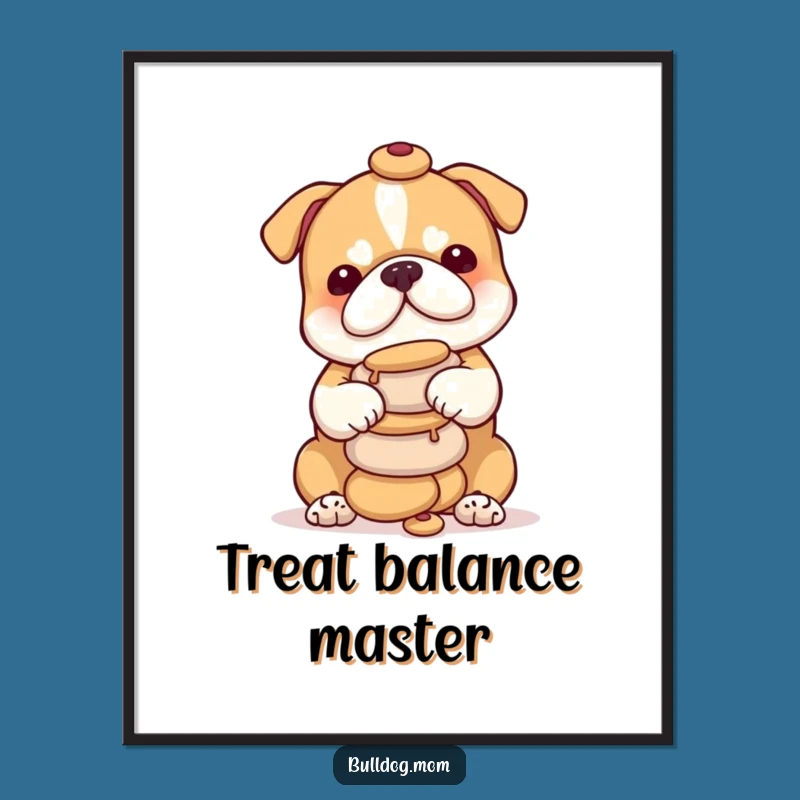 Funny Bulldog Treat Tower Poster - Adorable Cub Balancing Delights, Wall Art Gift!