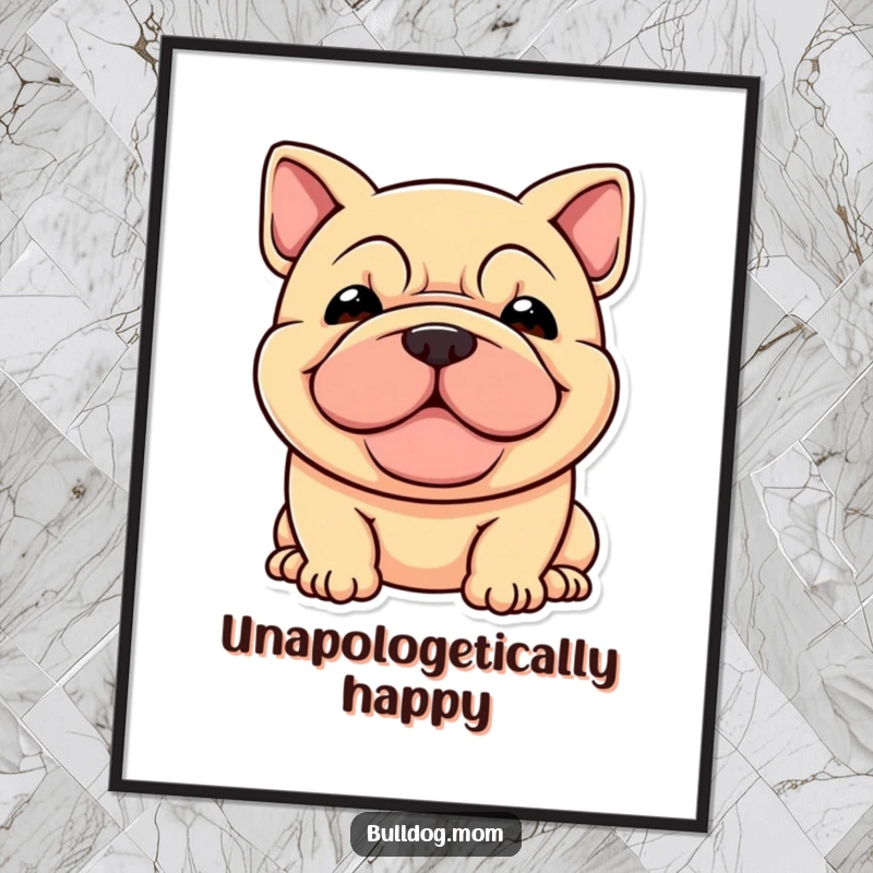 Funny poster of a stocky dog with an ecstatic, wrinkled face, bringing a burst of happiness to any wall.