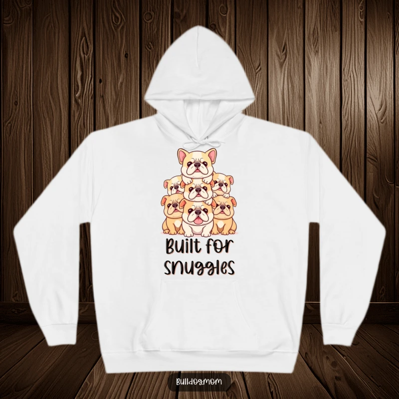 Funny Kawaii bulldog hoodie featuring a stack of cute pups piled contentedly on top of each other, perfect for warmth.