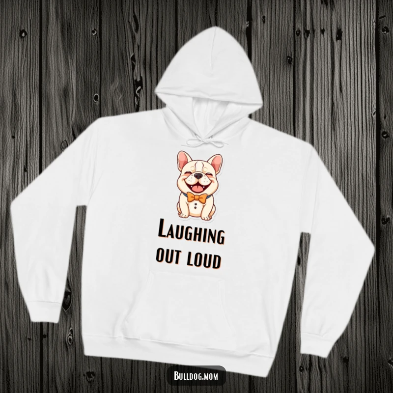 Funny Kawaii Bulldog Hoodie, a cute dog in a comical bow tie giving a hearty laugh, a cozy and humorous dog garment.