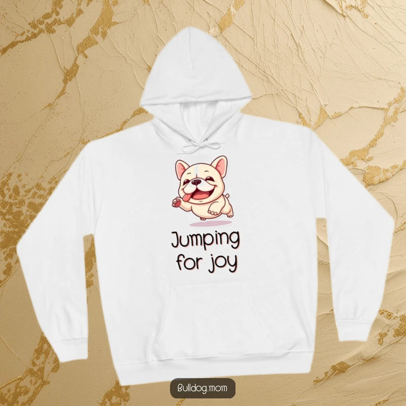 Funny Kawaii Bulldog Hoodie: A cute bulldog mid-clumsy leap, radiating pure joy and enthusiastic energy, perfect for cozy wear.