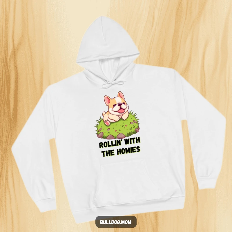 Funny Kawaii Bulldog Hoodie: A delightful cartoon bulldog joyfully tumbles down a sun-drenched grassy slope, radiating happiness and playfulness.