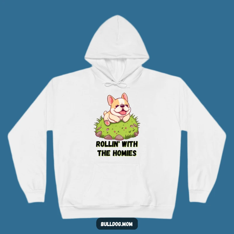 Cozy Funny Kawaii Bulldog Hoodie: Warm, soft hoodie featuring a pup hilariously rolling down a grassy hill, a great funny gift.