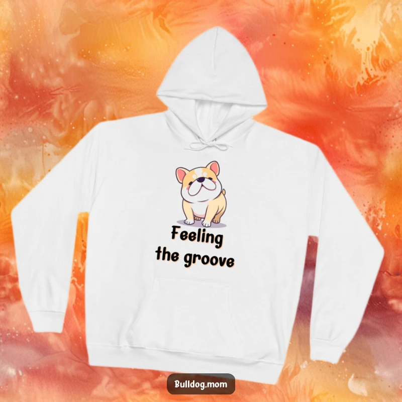Funny Kawaii Bulldog doing a joyful low wiggle with stubby legs, a cozy and humorous hoodie.