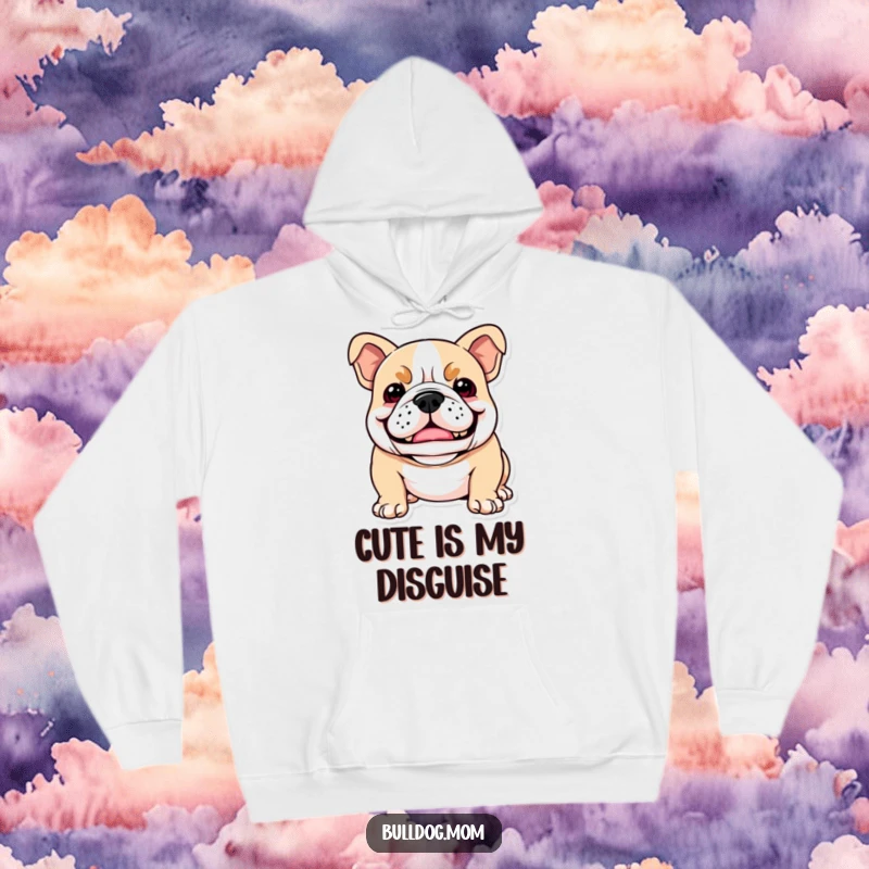 Funny Kawaii Bulldog hoodie showing a dog with a mischievous, playful snarl that reads as a happy smile, perfect for cozying up.
