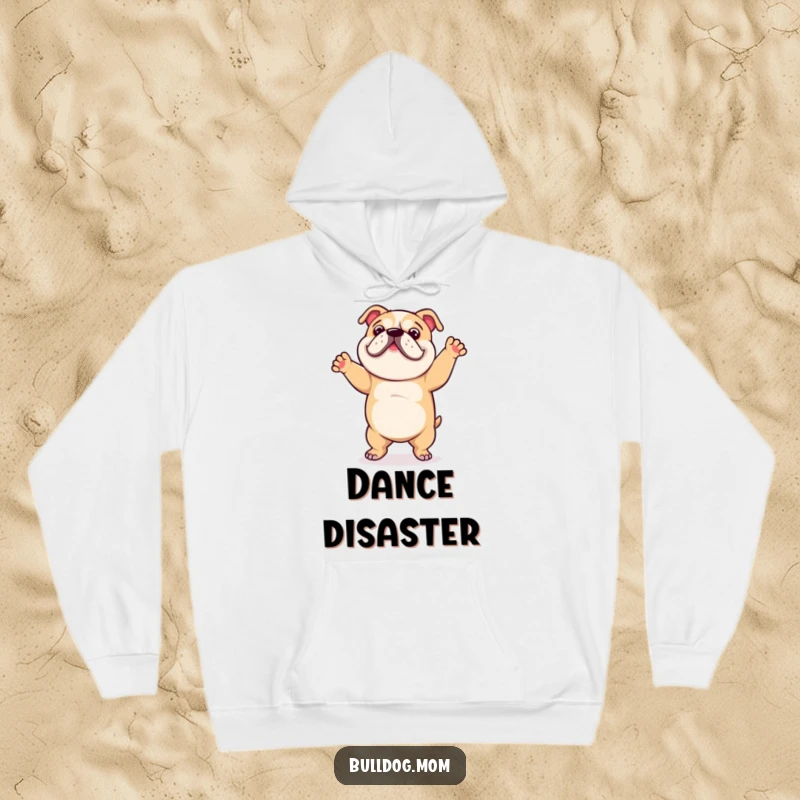 Funny hoodie featuring a bulldog enthusiastically performing a clumsy, happy dance, radiating pure, infectious glee.
