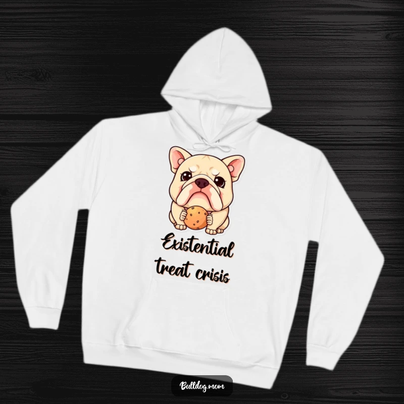 Funny Kawaii Bulldog Hoodie: Soft, warm pullover with a cute confused dog face pondering a treat, ideal funny gift for dog owners.