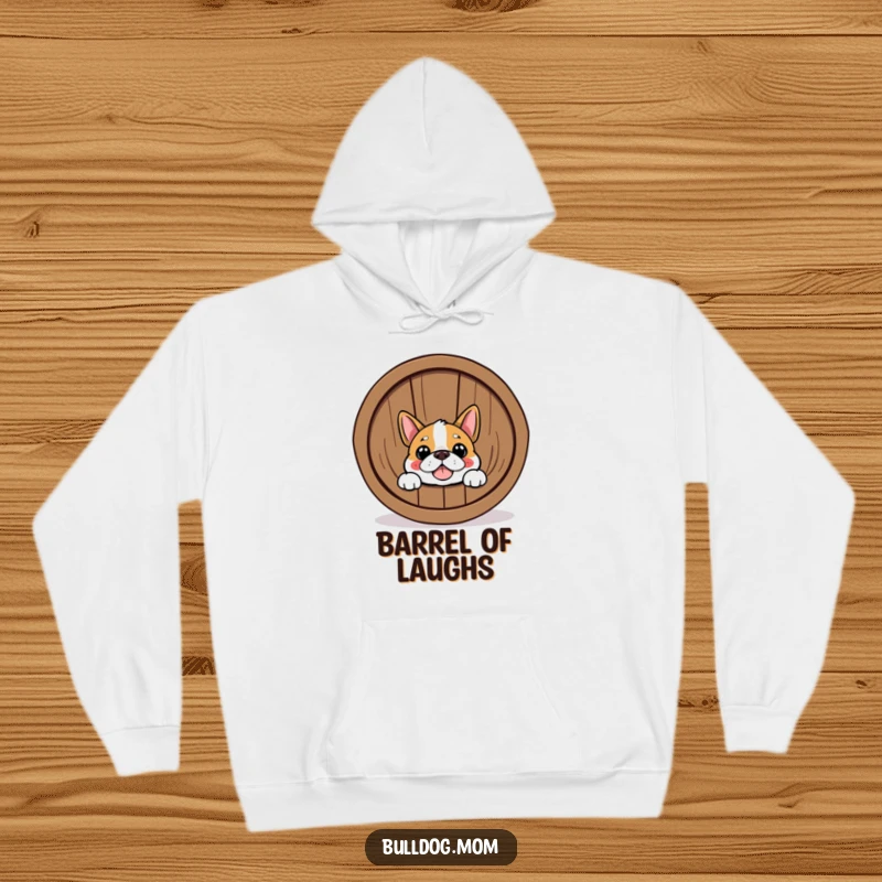 Funny Bulldog hoodie with a happy dog peeking from behind a barrel. Perfect for cozy humor and a funny gift.