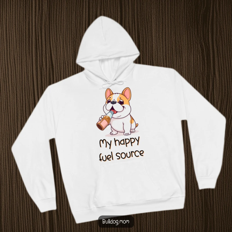 Funny Bulldog hoodie showcasing a happy Bulldog character happily chugging from a tiny bottle, radiating contentment and humor.