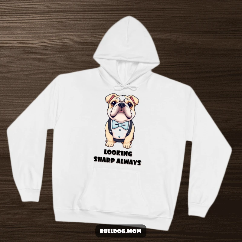 Funny hoodie featuring a bulldog adorned with a tiny bow tie and suspenders, radiating sophistication and humor.