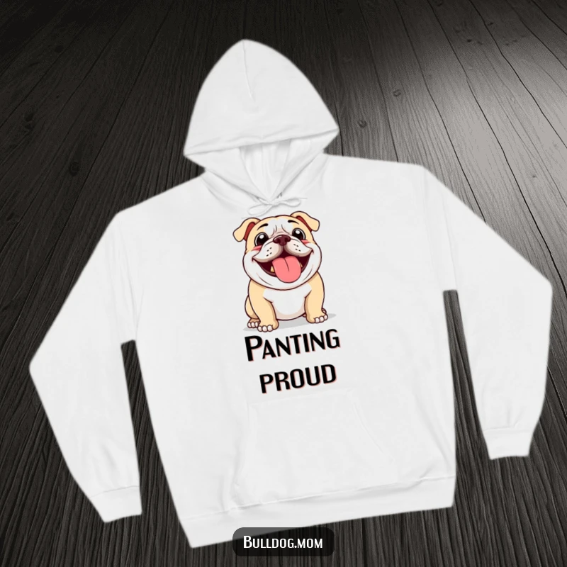 Funny hoodie featuring a bulldog happily panting with its tongue out, capturing a moment of pure exuberance.