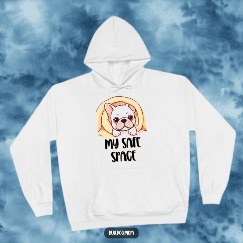 Funny Kawaii Bulldog Hoodie showcasing a cute bulldog peeking from beneath a comfy blanket, radiating coziness.