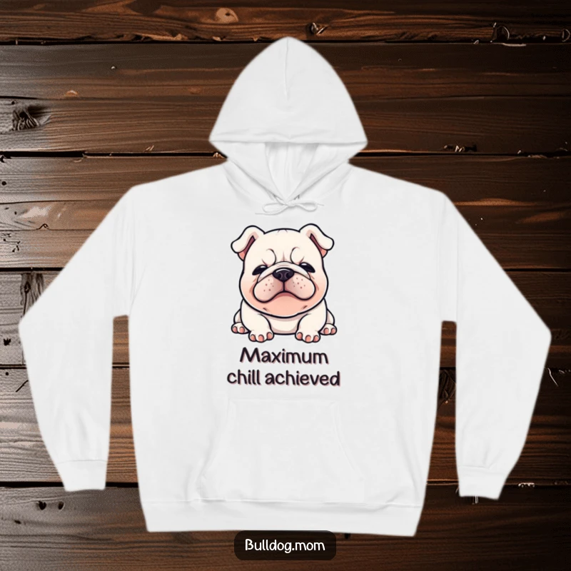 Funny Kawaii Bulldog hoodie showing a relaxed bulldog flopped down, sighing contently, offering supreme comfort and a touch of humor.