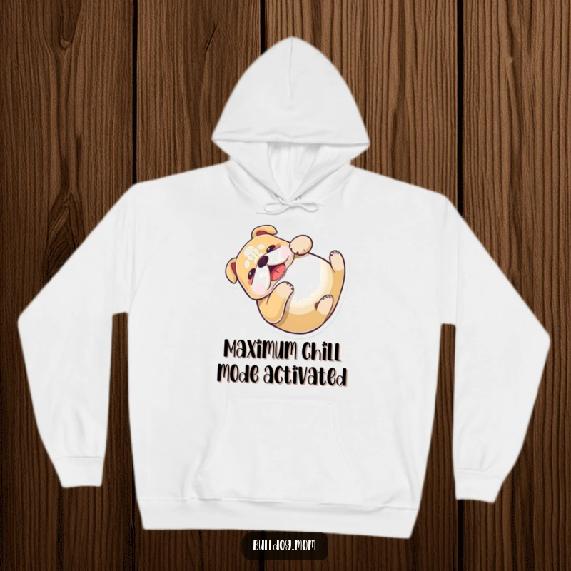 Funny Kawaii Bulldog Hoodie featuring a cute dog rolling playfully, ideal for screen readers and fans of humorous pet designs.