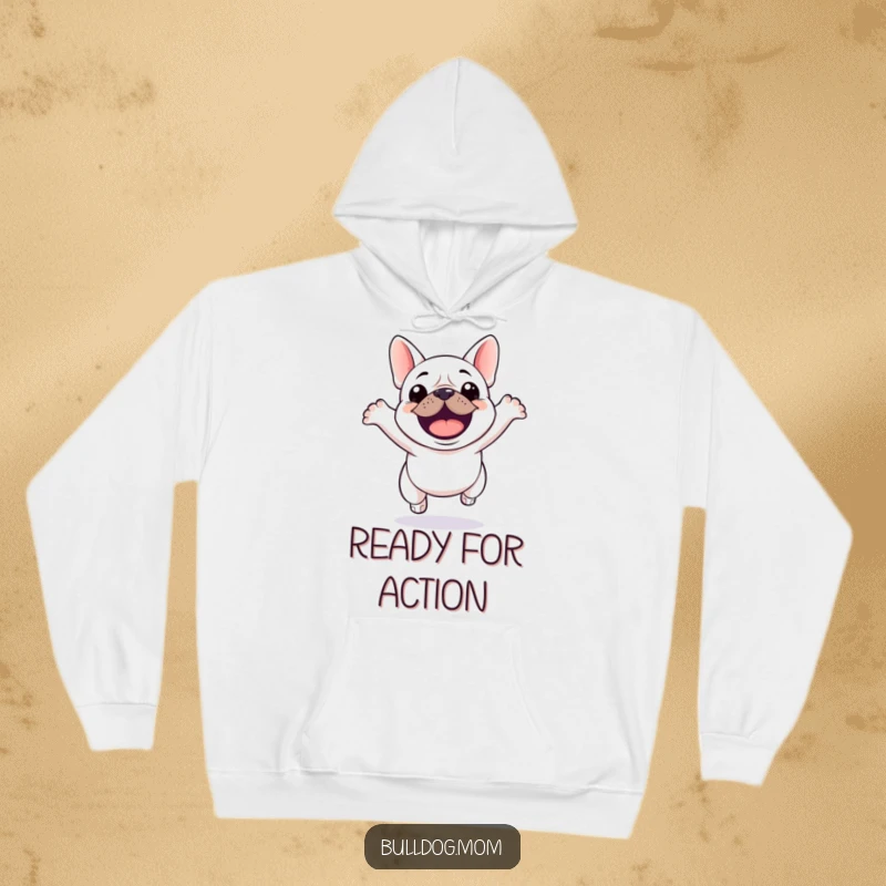 Funny Kawaii Bulldog Hoodie featuring a happy bulldog caught in a moment of extreme jumping excitement.