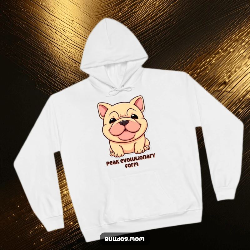 Funny hoodie with a cozy fit, depicting a stocky dog's supremely happy and wrinkled face, radiating warmth and humor.