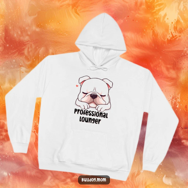 Funny Kawaii bulldog hoodie showing a content dog sighing deeply while settling down, perfect for cozy nap enthusiasts.