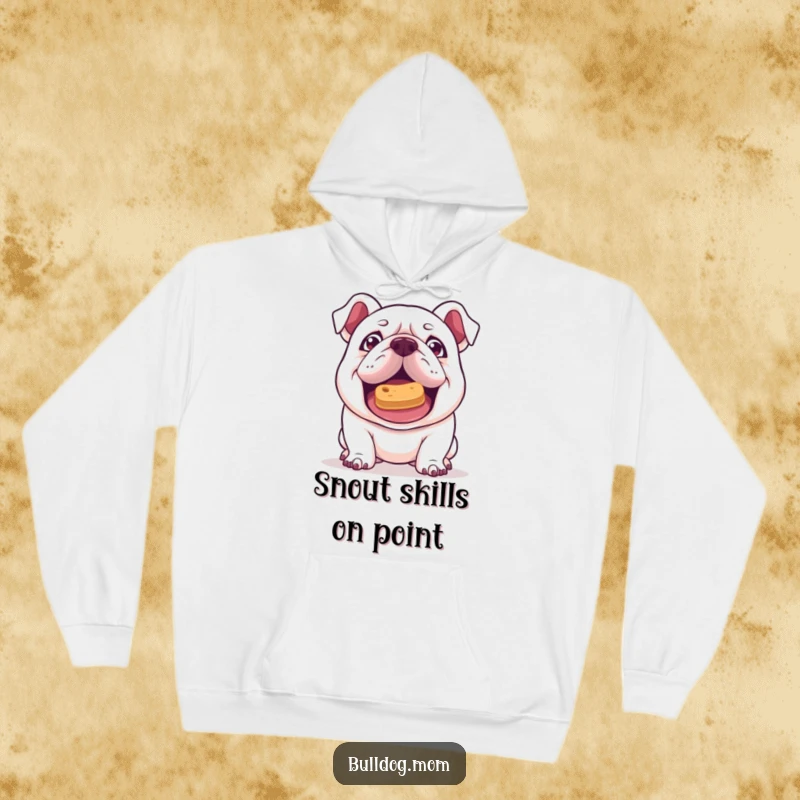 Funny Kawaii Bulldog hoodie with a mischievous gleam, attempting to balance a treat on its nose, offering cozy comfort and playful intelligence.