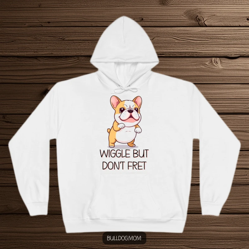 Funny Hoodie with a delightful Kawaii bulldog performing a hilarious wiggly dance, its tail a cute blur, radiating happiness and warmth.