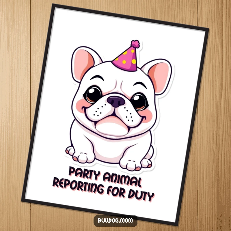 Funny Free Printable Bulldog Wall Art: Kawaii dog with a goofy grin sports a tiny party hat, looking festive.