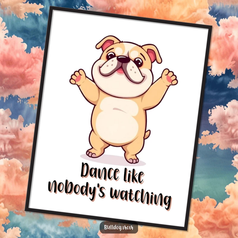 Funny Free Printable Bulldog Wall Art: A bulldog captured in a moment of pure, clumsy bliss, doing a happy dance with infectious energy.