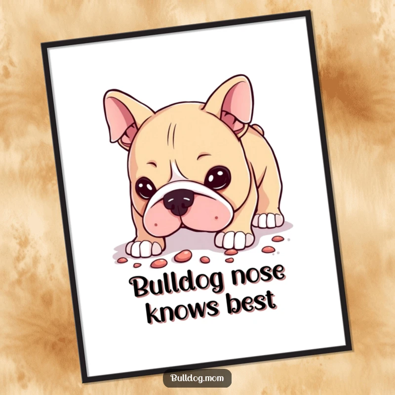 Funny Free Printable Wall Art of a kawaii bulldog with intense focus, curiously sniffing the ground for an intriguing scent.