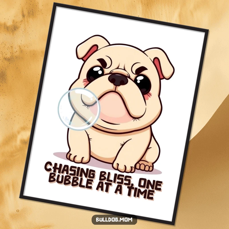 Funny Free Printable Bulldog Wall Art: Kawaii dog with furrowed brow focuses intensely on catching a bubble.