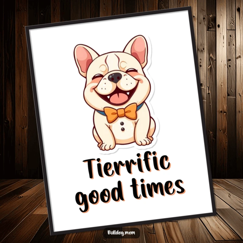 Funny Free Printable Wall Art: Kawaii Bulldog wearing a comical bowed tie, giving a hearty laugh.