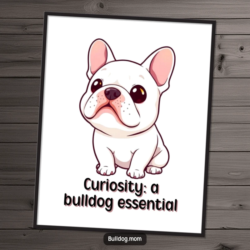 Funny Free Printable wall art of a kawaii bulldog tilting its head with an expression of pure, adorable curiosity. Engaging and charming.