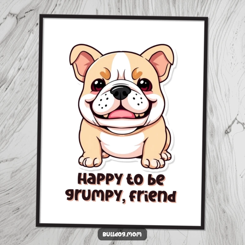 Funny Free Printable Wall Art: A kawaii bulldog with a wide, playful grin that radiates pure joy and mischief.