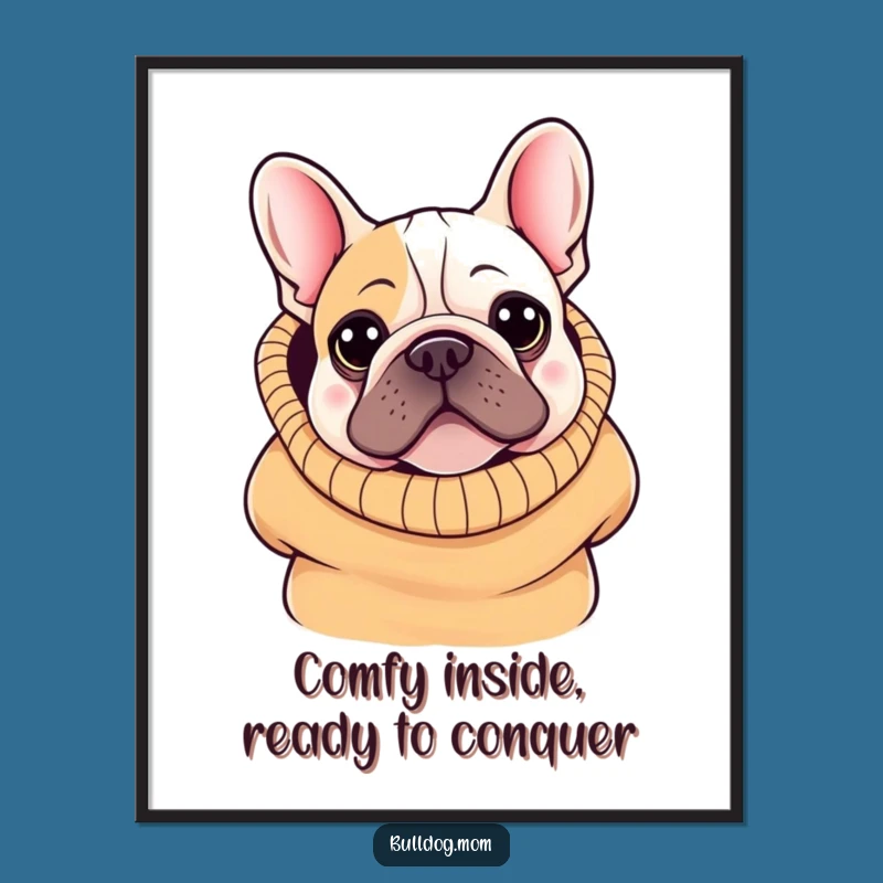 Free Printable Wall Art: Funny Kawaii Bulldog in Sweater, Cozy Downloadable Gift