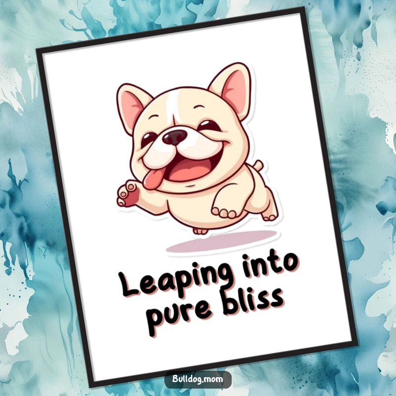 Funny Free Printable Wall Art: Kawaii Bulldog captured in a clumsy, joyful leap, radiating pure happiness and energy.