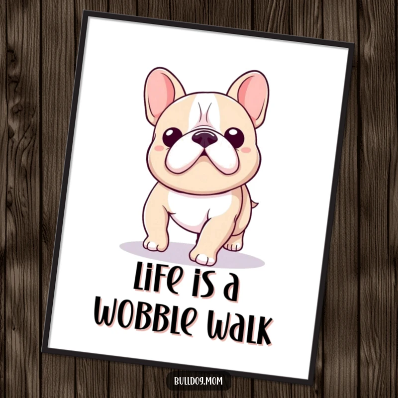 Funny Free Printable wall art of a kawaii bulldog hilariously wobbling as it walks, embodying pure playful spirit. Whimsical home decor.