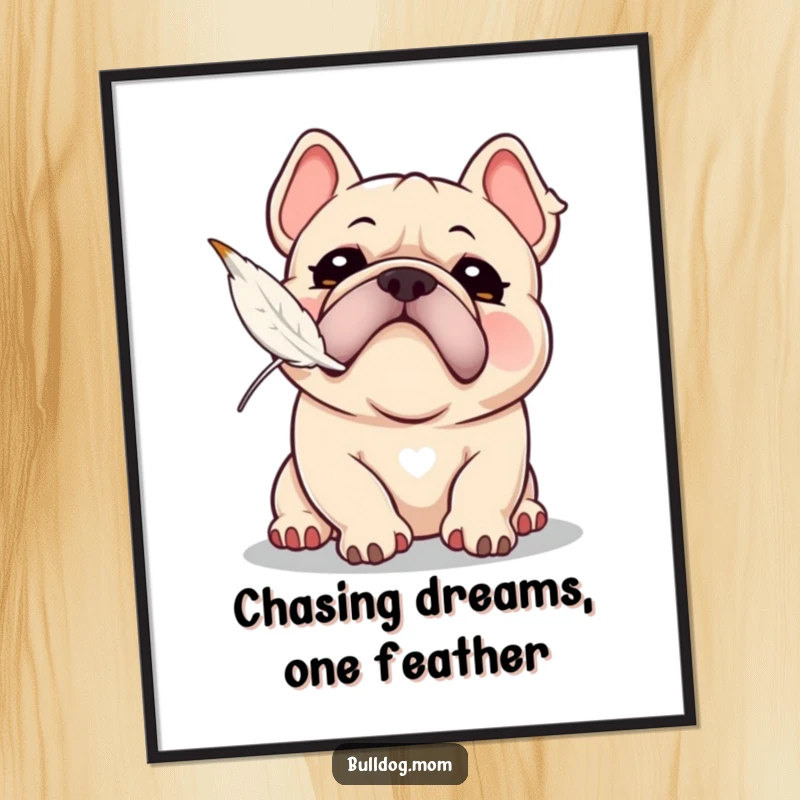 Funny Free Printable Wall Art of a kawaii bulldog with a playful snort attempting to catch a floating feather, adding whimsical charm.