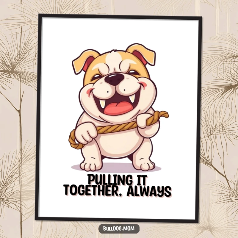 Funny Free Printable Wall Art of a kawaii bulldog with a happy grunt playing tug-of-war with a rope, full of playful energy.