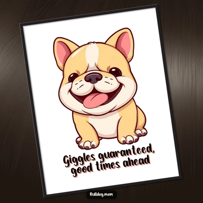 Funny Free Printable Wall Art of a smiling bulldog cub panting happily with an undeniably determined and cheerful grin.