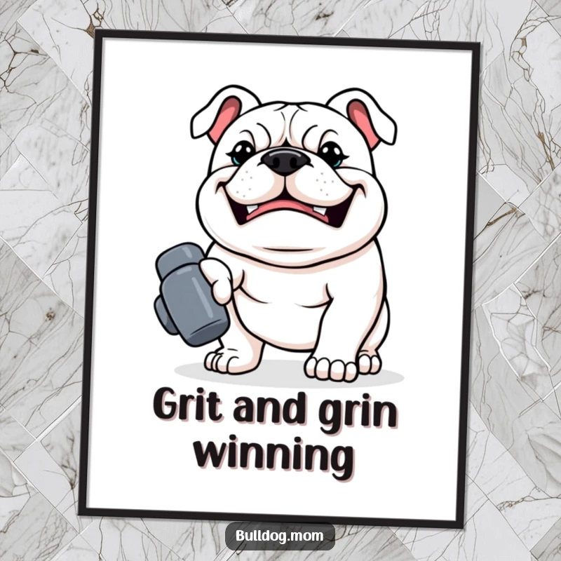 Funny Free Printable Wall Art: Kawaii Bulldog with a determined grin, proudly carrying a tiny dumbbell.