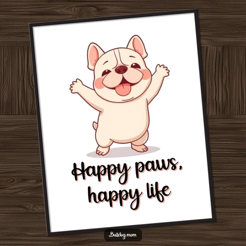 Funny Free Printable Wall Art: A kawaii bulldog caught mid-dance, performing an adorable and clumsy happy dance.