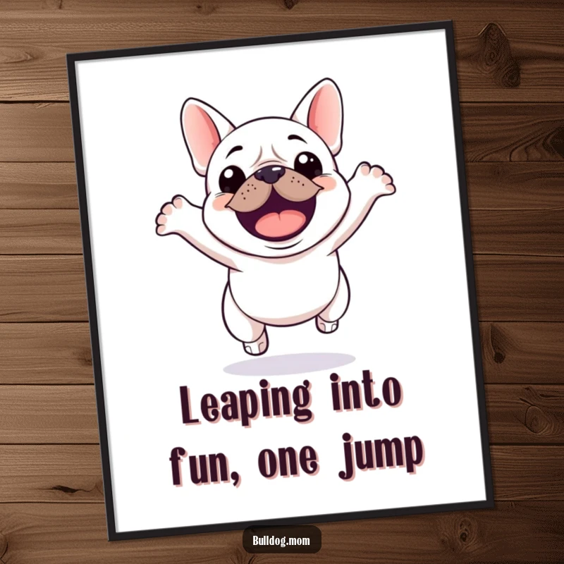 Funny Free Printable wall art of a kawaii bulldog captured mid-jump, radiating infectious excitement and playful energy. Instant room upgrade.